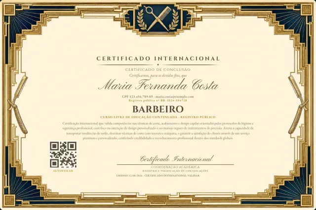 Modelo do certificado do curso de Barbeiro: registro público e QR de verificação — exemplo com dados fictícios.