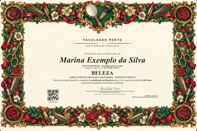 Modelo do certificado do curso de Beleza: registro público e QR de verificação — exemplo com dados fictícios.