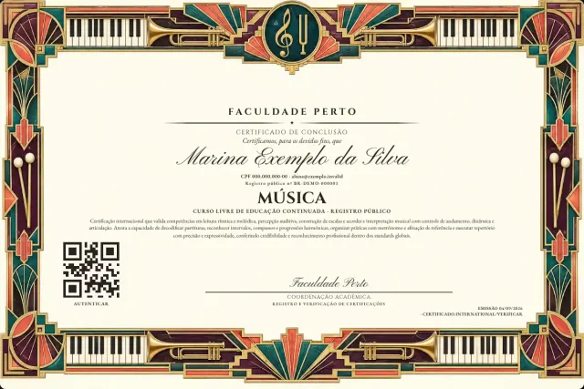 Modelo do certificado do curso de Música: registro público e QR de verificação — exemplo com dados fictícios.