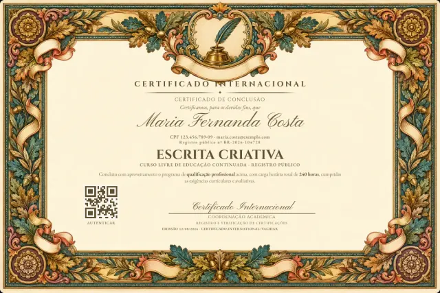 Modelo do certificado do curso de Escrita Criativa: registro público e QR de verificação — exemplo com dados fictícios.