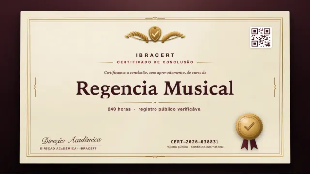 Modelo do certificado do curso de Regencia Musical: registro público e QR de verificação — exemplo com dados fictícios.