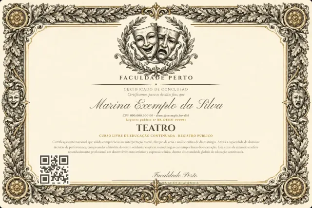 Modelo do certificado do curso de Teatro: registro público e QR de verificação — exemplo com dados fictícios.