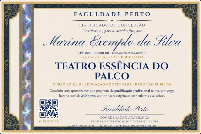 Modelo do certificado do curso de Teatro Essência do Palco: registro público e QR de verificação — exemplo com dados fictícios.