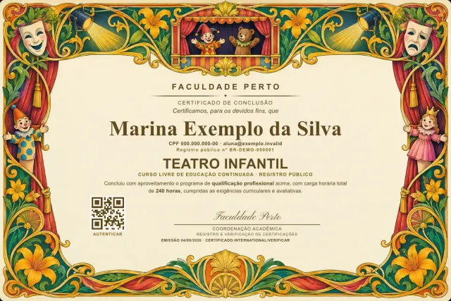 Modelo do certificado do curso de Teatro Infantil: registro público e QR de verificação — exemplo com dados fictícios.