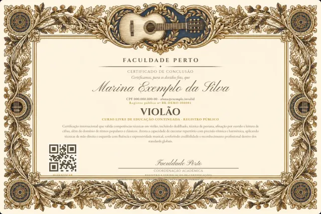 Modelo do certificado do curso de Violão: registro público e QR de verificação — exemplo com dados fictícios.