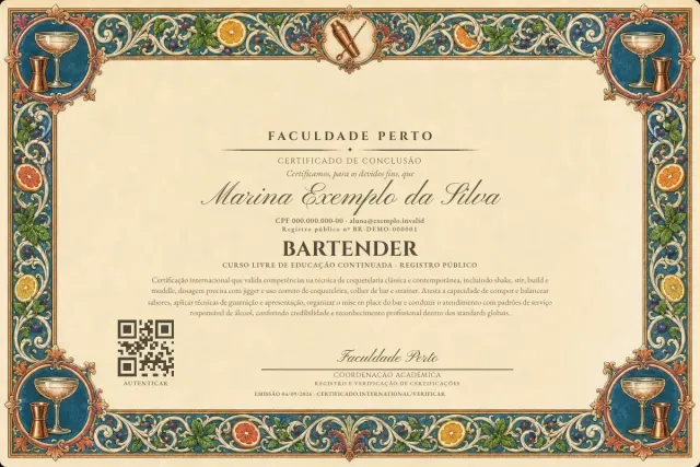 Modelo do certificado do curso de Bartender: registro público e QR de verificação — exemplo com dados fictícios.