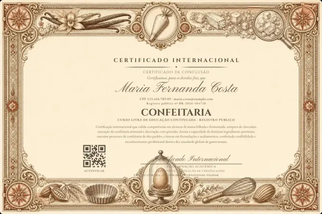 Modelo do certificado do curso de Confeitaria: registro público e QR de verificação — exemplo com dados fictícios.