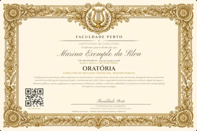 Modelo do certificado do curso de Oratória: registro público e QR de verificação — exemplo com dados fictícios.