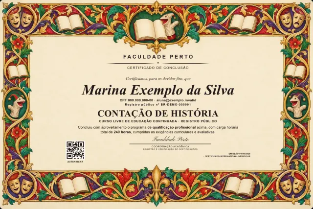 Modelo do certificado do curso de Contação de História: registro público e QR de verificação — exemplo com dados fictícios.