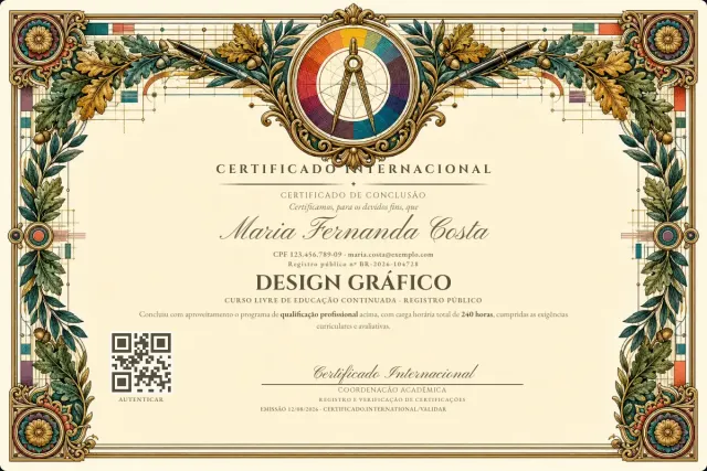 Modelo do certificado do curso de Design Gráfico: registro público e QR de verificação — exemplo com dados fictícios.