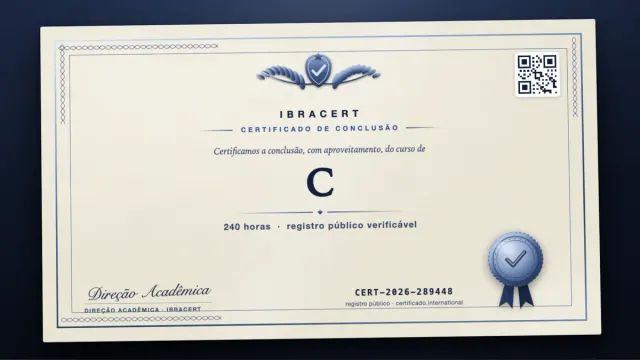 Modelo do certificado do curso de C: registro público e QR de verificação — exemplo com dados fictícios.