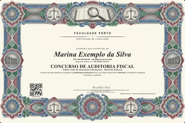 Modelo do certificado do curso de Concurso de Auditoria Fiscal: registro público e QR de verificação — exemplo com dados fictícios.
