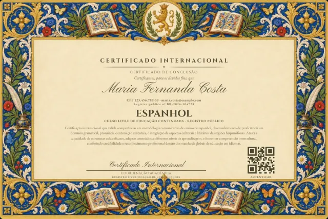 Modelo do certificado do curso de Espanhol: registro público e QR de verificação — exemplo com dados fictícios.
