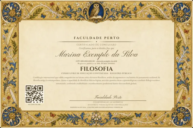 Modelo do certificado do curso de Filosofia: registro público e QR de verificação — exemplo com dados fictícios.
