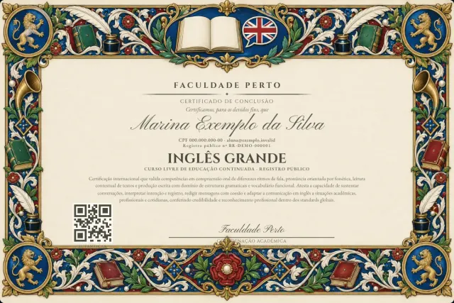 Modelo do certificado do curso de Inglês Grande: registro público e QR de verificação — exemplo com dados fictícios.