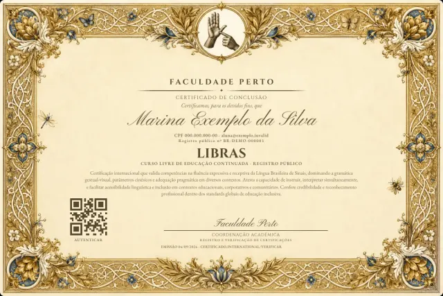 Modelo do certificado do curso de Libras: registro público e QR de verificação — exemplo com dados fictícios.
