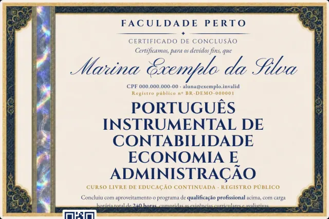 Modelo do certificado do curso de Português Instrumental de Contabilidade Economia e Administração: registro público e QR de verificação — exemplo com dados fictícios.