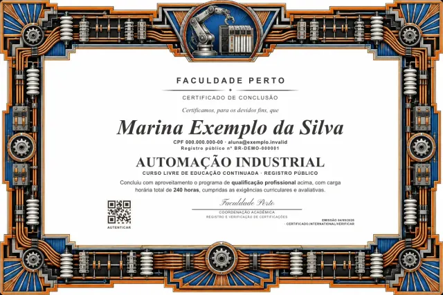 Modelo do certificado do curso de Automação Industrial: registro público e QR de verificação — exemplo com dados fictícios.