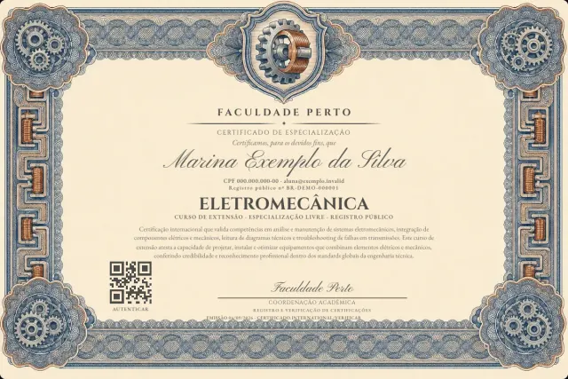 Modelo do certificado do curso de Eletromecânica: registro público e QR de verificação — exemplo com dados fictícios.