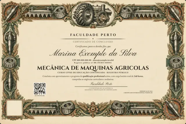 Modelo do certificado do curso de Mecânica de Maquinas Agricolas: registro público e QR de verificação — exemplo com dados fictícios.