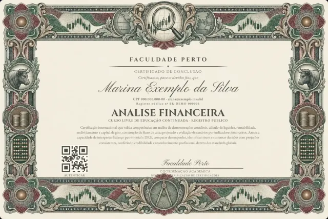 Modelo do certificado do curso de Analise Financeira: registro público e QR de verificação — exemplo com dados fictícios.