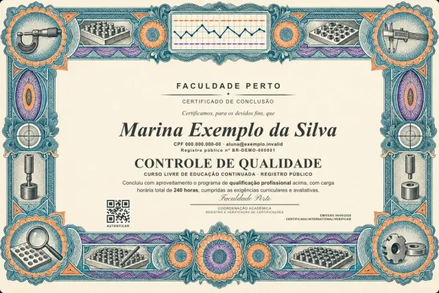 Modelo do certificado do curso de Controle de Qualidade: registro público e QR de verificação — exemplo com dados fictícios.