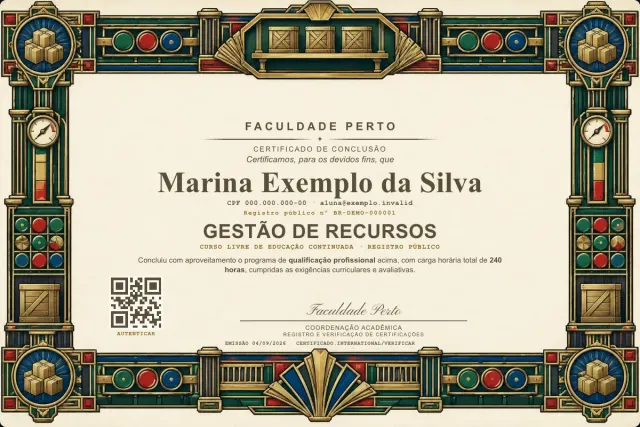 Modelo do certificado do curso de Gestão de Recursos: registro público e QR de verificação — exemplo com dados fictícios.