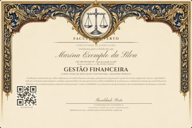 Modelo do certificado do curso de Gestão Financeira: registro público e QR de verificação — exemplo com dados fictícios.
