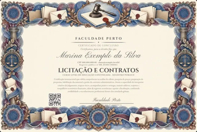 Modelo do certificado do curso de Licitação e Contratos: registro público e QR de verificação — exemplo com dados fictícios.