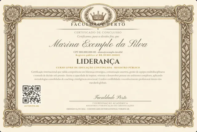 Modelo do certificado do curso de Liderança: registro público e QR de verificação — exemplo com dados fictícios.