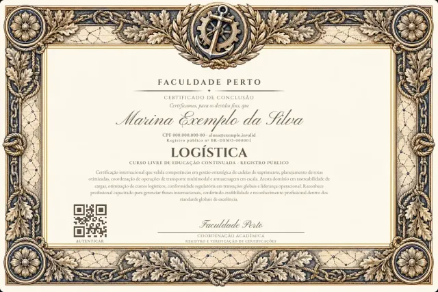 Modelo do certificado do curso de Logística: registro público e QR de verificação — exemplo com dados fictícios.