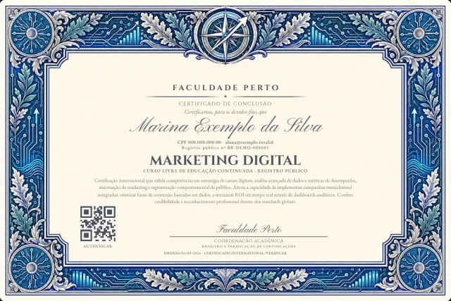 Modelo do certificado do curso de Marketing Digital: registro público e QR de verificação — exemplo com dados fictícios.