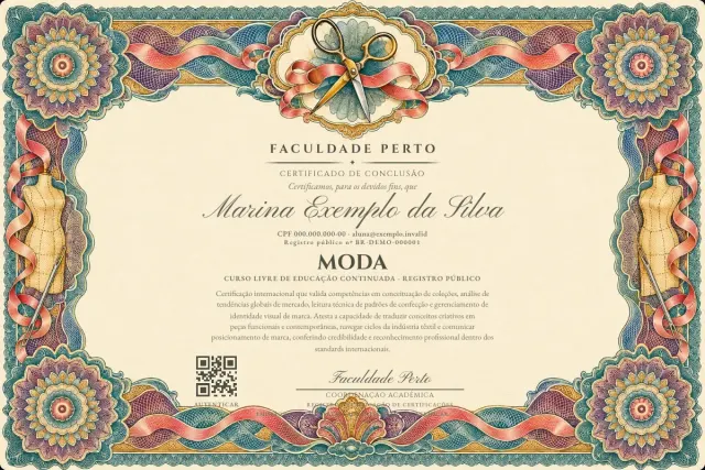Modelo do certificado do curso de Moda: registro público e QR de verificação — exemplo com dados fictícios.