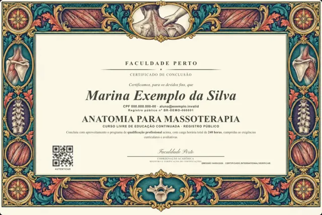 Modelo do certificado do curso de Anatomia para Massoterapia: registro público e QR de verificação — exemplo com dados fictícios.