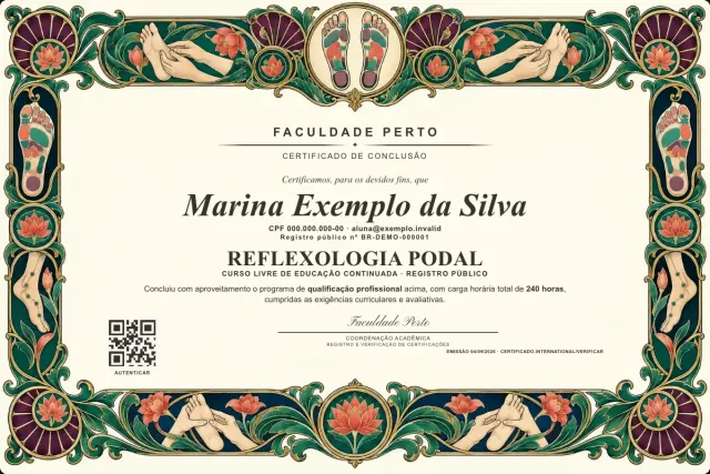 Modelo do certificado do curso de Reflexologia Podal: registro público e QR de verificação — exemplo com dados fictícios.