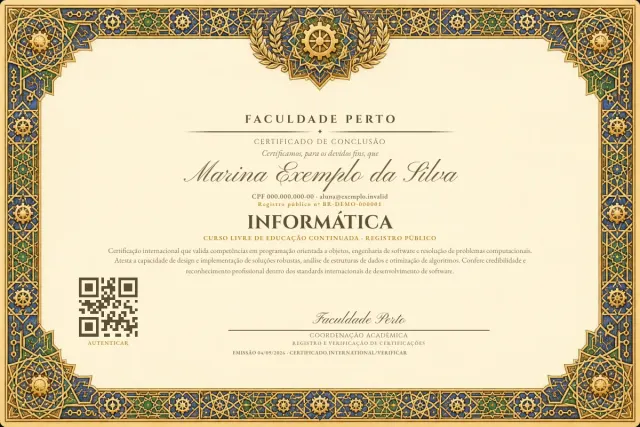 Modelo do certificado do curso de Informática: registro público e QR de verificação — exemplo com dados fictícios.
