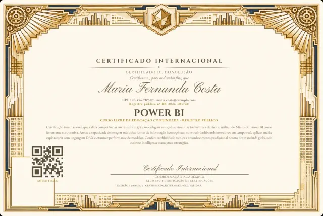 Modelo do certificado do curso de Power BI: registro público e QR de verificação — exemplo com dados fictícios.