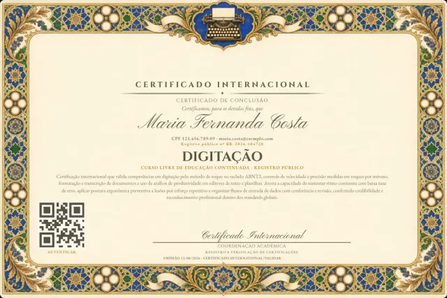 Modelo do certificado do curso de Digitação: registro público e QR de verificação — exemplo com dados fictícios.