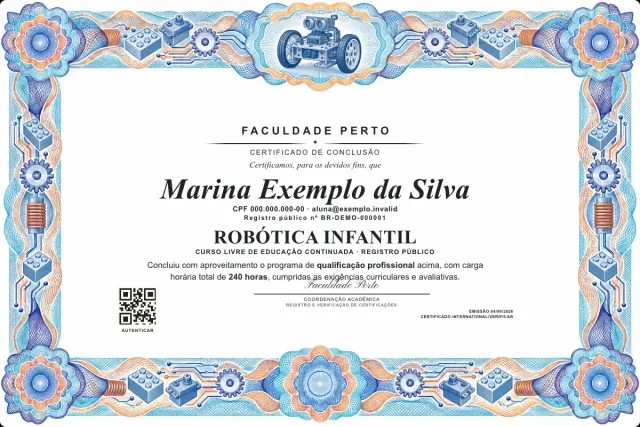 Modelo do certificado do curso de Robótica Infantil: registro público e QR de verificação — exemplo com dados fictícios.