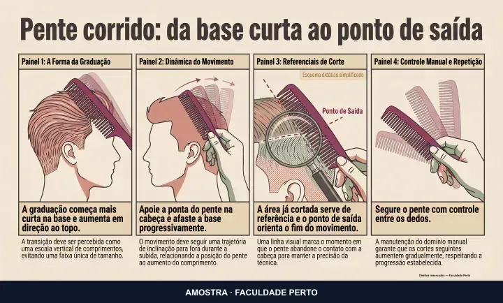 Pente corrido: da base curta ao ponto de saída: infográfico ilustrado do curso Barbeiro