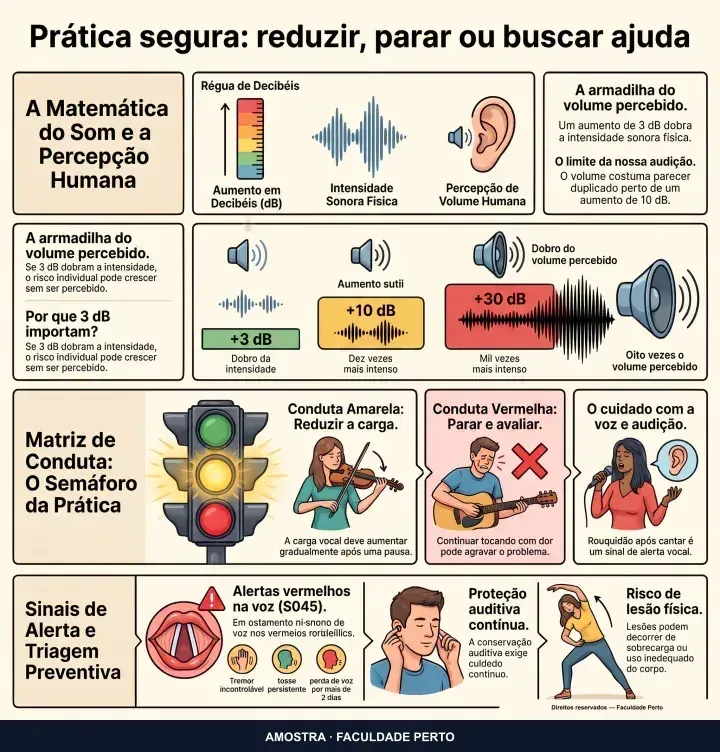 Prática segura: reduzir, parar ou buscar ajuda: infográfico ilustrado do curso Música