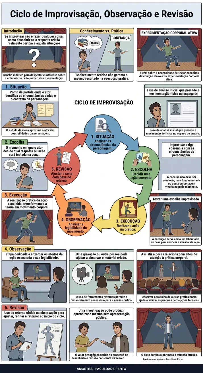 Ciclo de Improvisação, Observação e Revisão: infográfico ilustrado do curso Teatro Essência do Palco