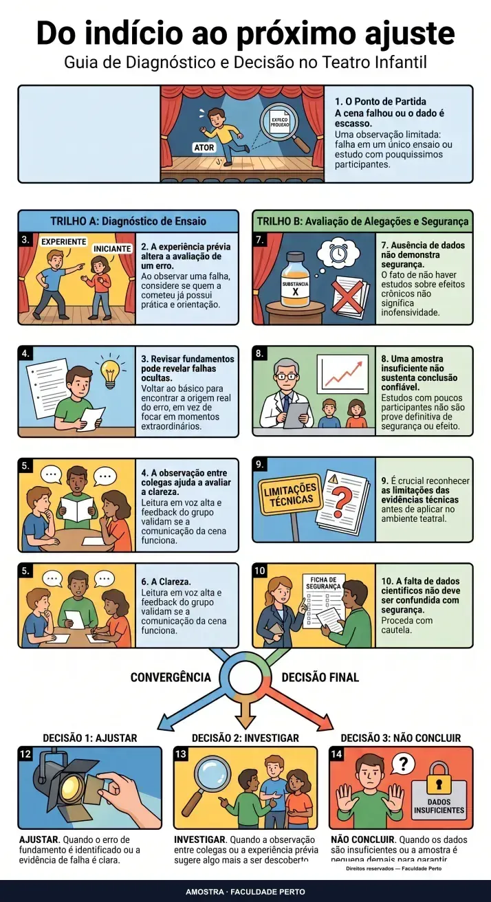 Do indício ao próximo ajuste: infográfico ilustrado do curso Teatro Infantil
