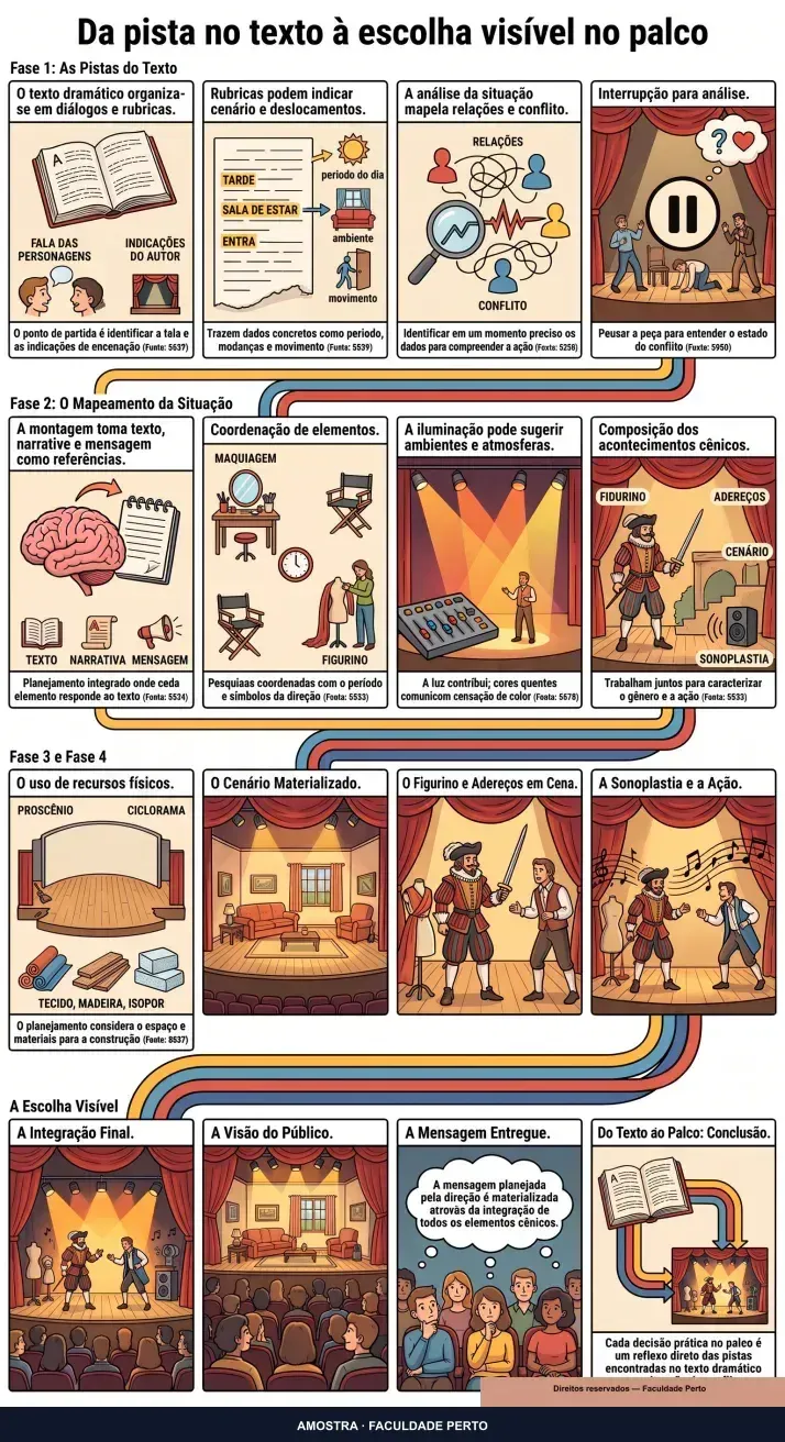Da pista no texto à escolha visível no palco: infográfico ilustrado do curso Teatro