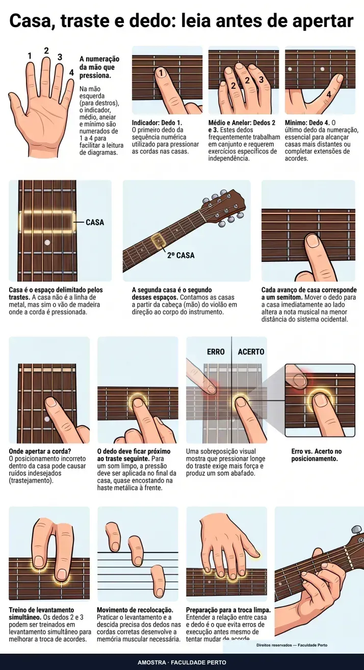 Casa, traste e dedo: leia antes de apertar: infográfico ilustrado do curso Violão