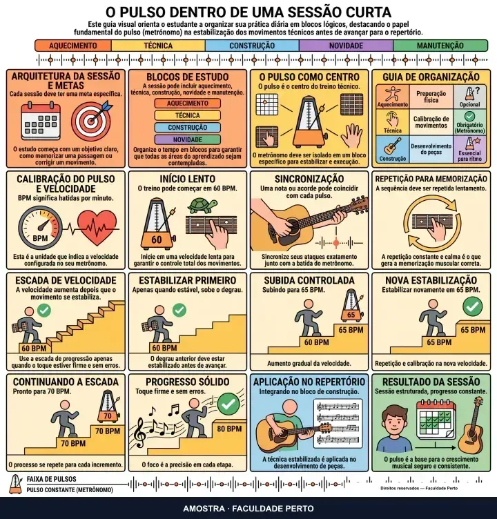 O pulso dentro de uma sessão curta: infográfico ilustrado do curso Violão