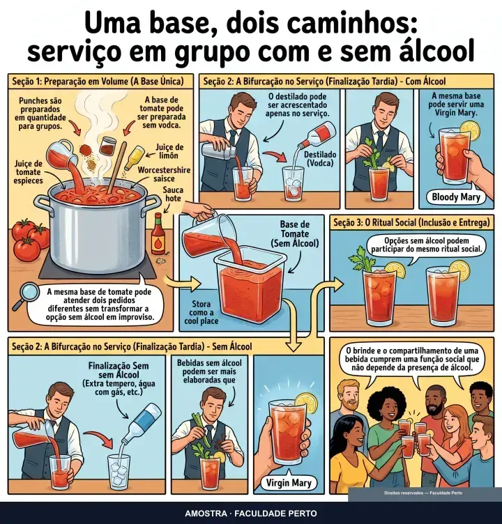 Uma base, dois caminhos: serviço em grupo com e sem álcool: infográfico ilustrado do curso Bartender