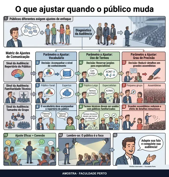 O que ajustar quando o público muda: infográfico ilustrado do curso Oratória