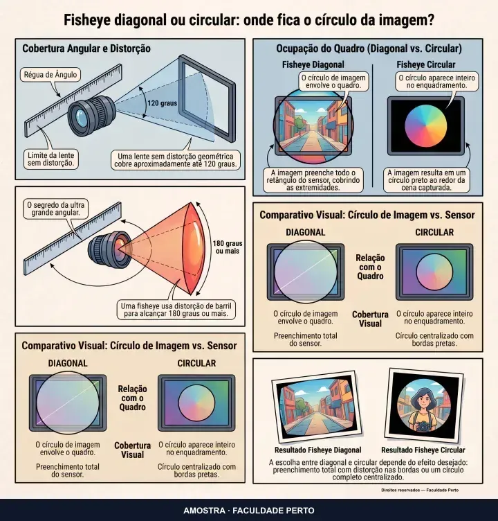 Fisheye diagonal ou circular: onde fica o círculo da imagem?: infográfico ilustrado do curso Fotografia