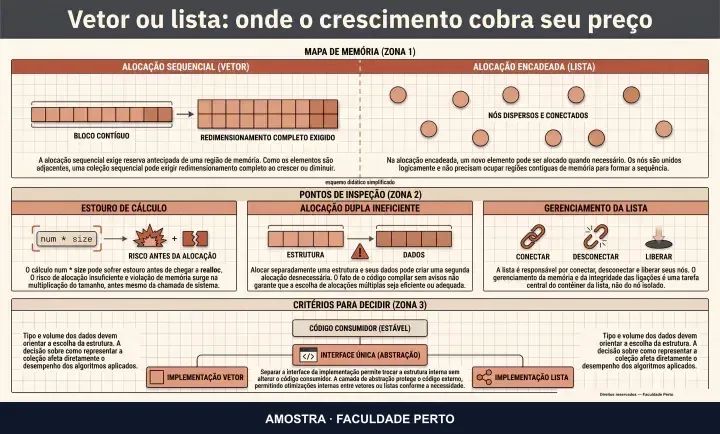 Vetor ou lista: onde o crescimento cobra seu preço: infográfico ilustrado do curso C